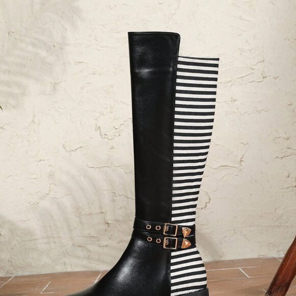 Black And White Business Casual Women's Knee-High Boots - Picture 5 of 7